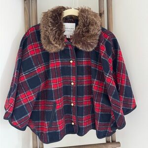 Janie & Jack Red Plaid Cape with Faux Fur Collar Size Large Girls
